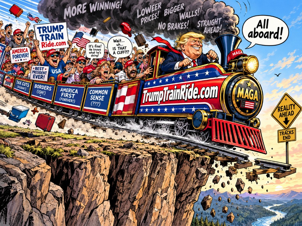 Satirical cartoon of the Trump Train speeding off a cliff past a Reality Ahead sign, with Trump at the controls and passengers cheering. The engine is branded TrumpTrainRide.com.